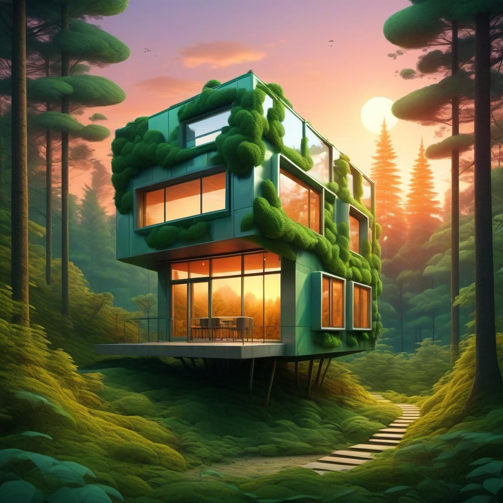 Solarpunk House in Forest, Cubo-Futurism Style