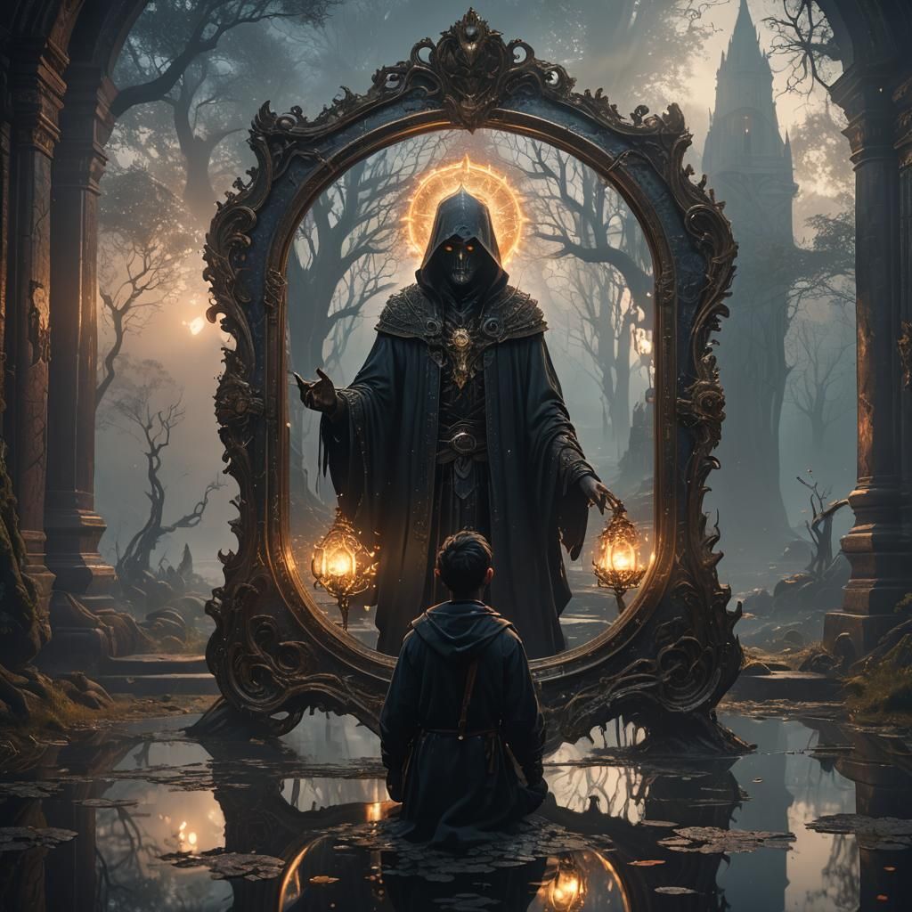 A person with a light essence looks at his reflection and se...