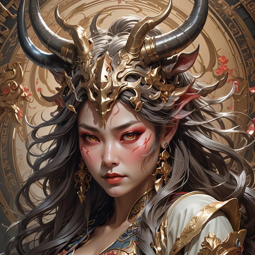 Masterpiece, perfect anatomy, ultra-detailed, shading, cinematic lighting,  japanese, demon goddess, mature face, blushed cheeks, horns, eyes... - AI  Generated Artwork - NightCafe Creator