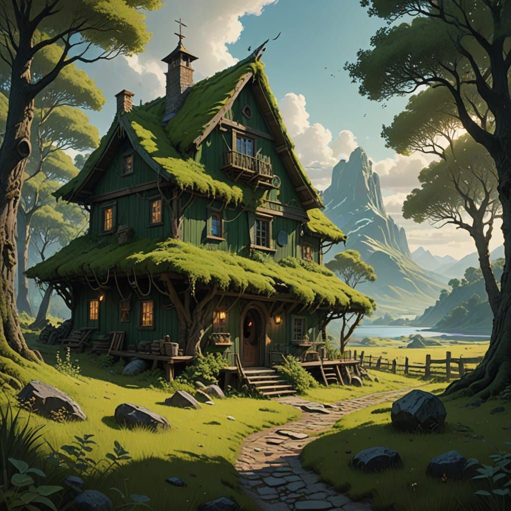 The picture shows a small village at the center of a powerful natural world. In the center of the picture, an old butka made of dark wood, i...