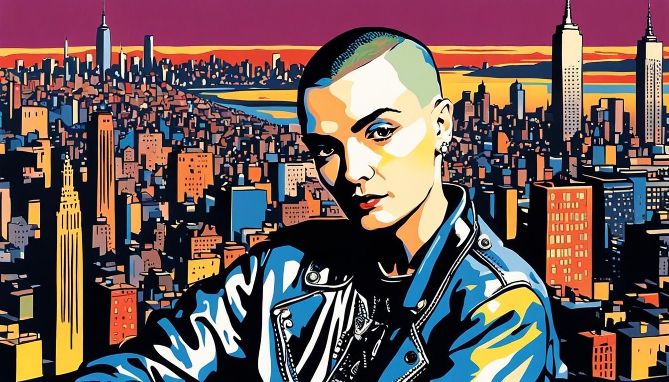SINGER sinead o'connor with shaved hair, wearing black leath...