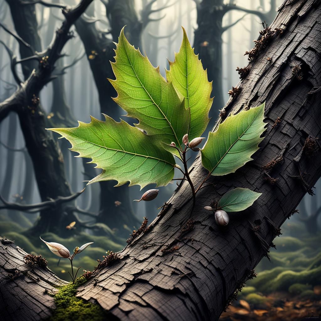 A small new leaf and a tiny flower bud growing on a branch o...