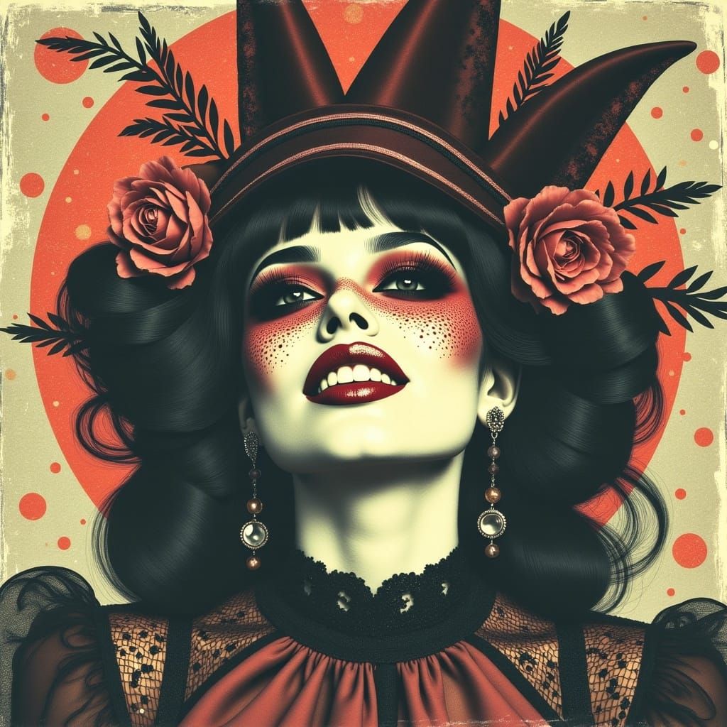 <lora:RetroPolaroid:1.0> spectrum Cosmic Serenade, art nouveau, digital collage, grunge, Conrad Roset, pale white skin close up  smiling hal...