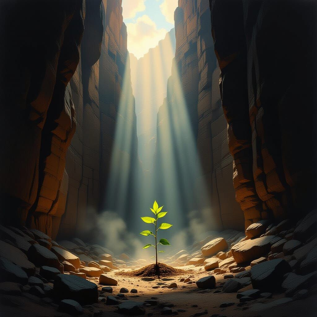  Light breaking through cracks in dark canyon, symbolic rebirth