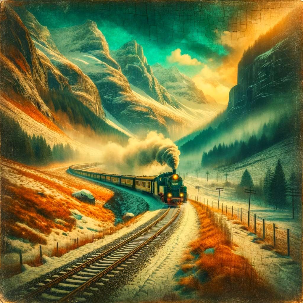 Vintage Steam Train in Snowy Mountain Valley