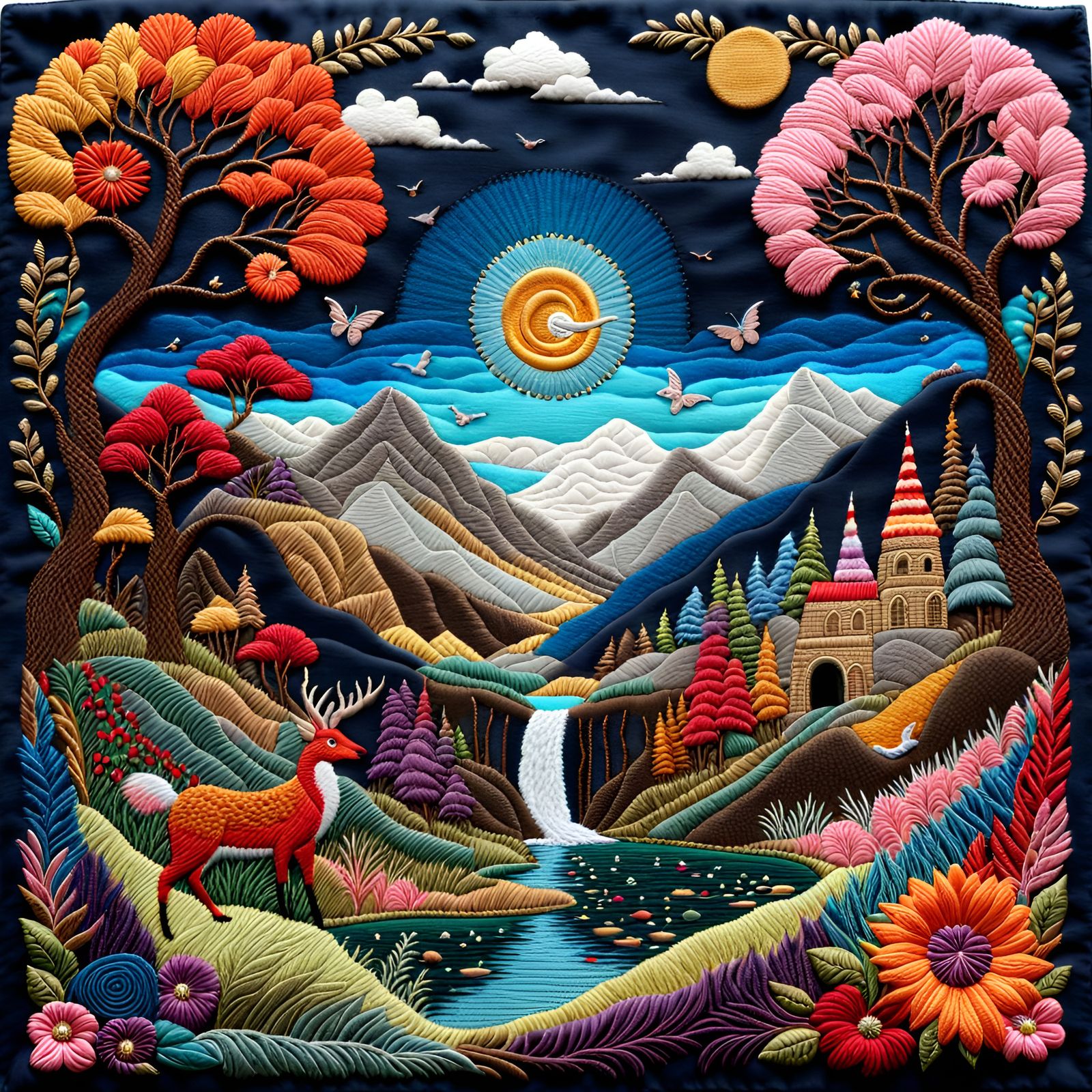 Woodland Embroidery with Deer (Upscaled 8x)  by @CyanoticSmurfx