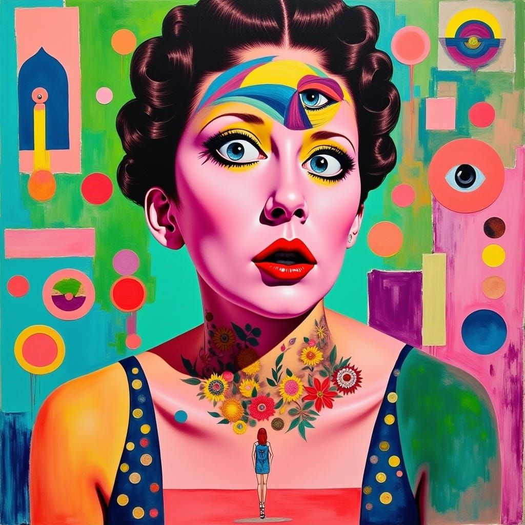 <lora:Funky:1.0> Surrealistic painting of a woman with a third eye, vibrant colors, abstract shapes and patterns, high contrast between the...