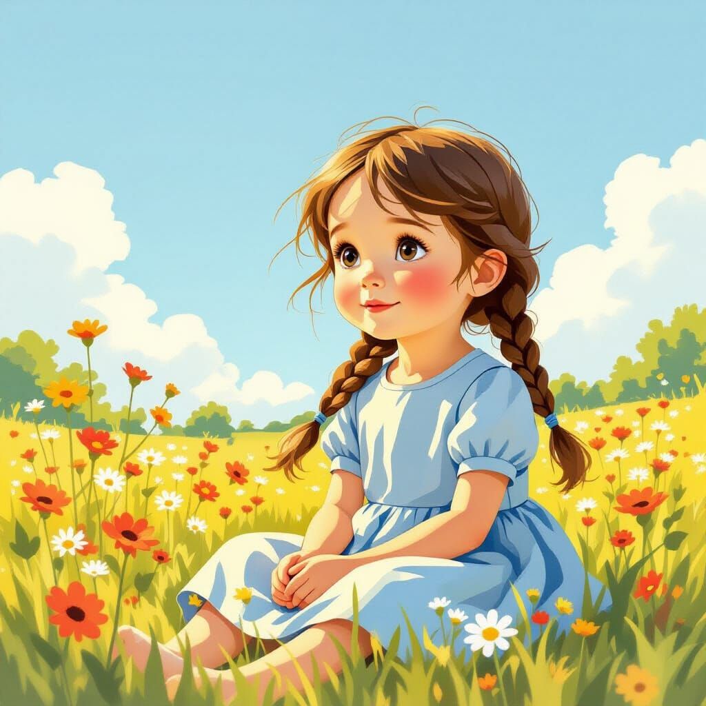 Whimsical Illustration of Girl in Wildflower Field