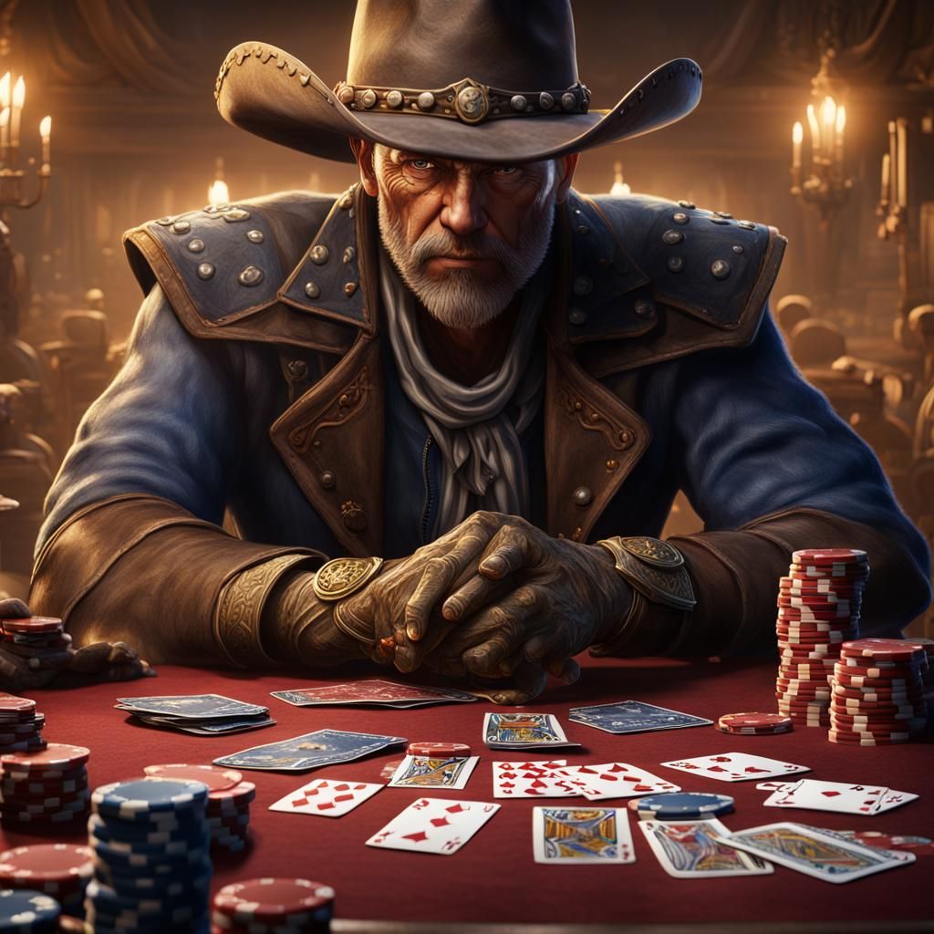 cowboy has the winning poker hand, a royal flush with spades only, lots of money on the table  by @A1one