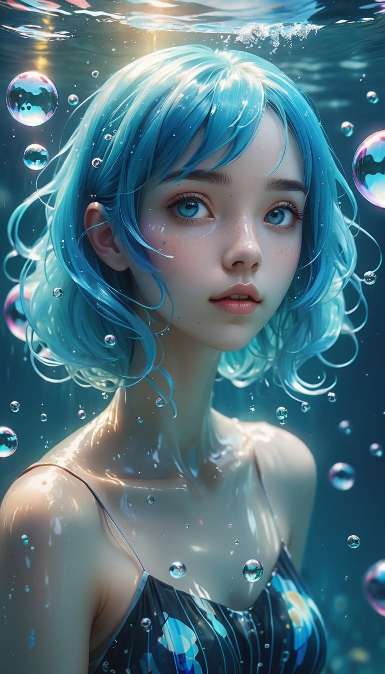 Girl with blue hair under water, portrait, beautiful expressive eyes glowing, water bubble around her, best quality, High definition and det...