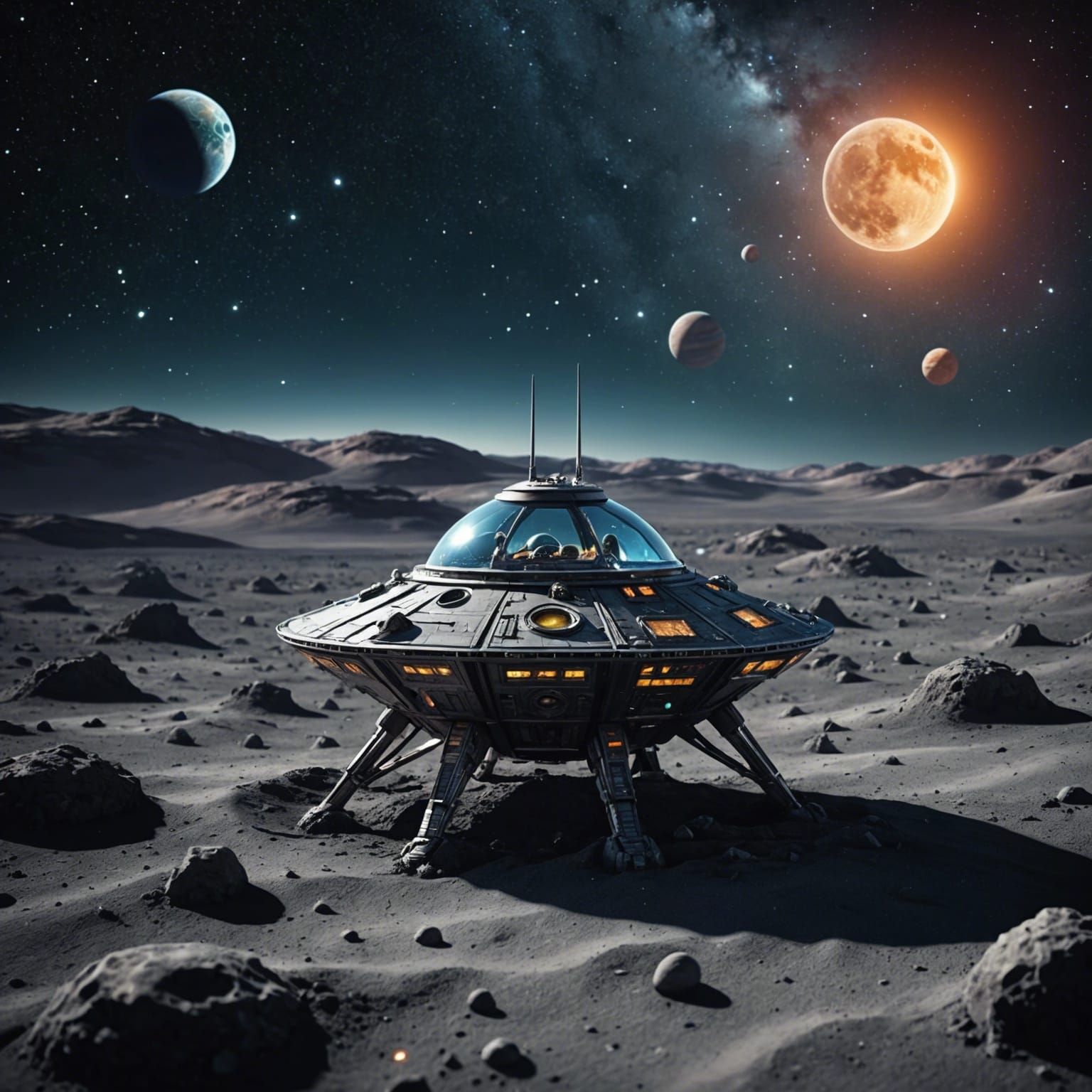 Photograph, Macro, miniature alien spaceship on the moon sur...
