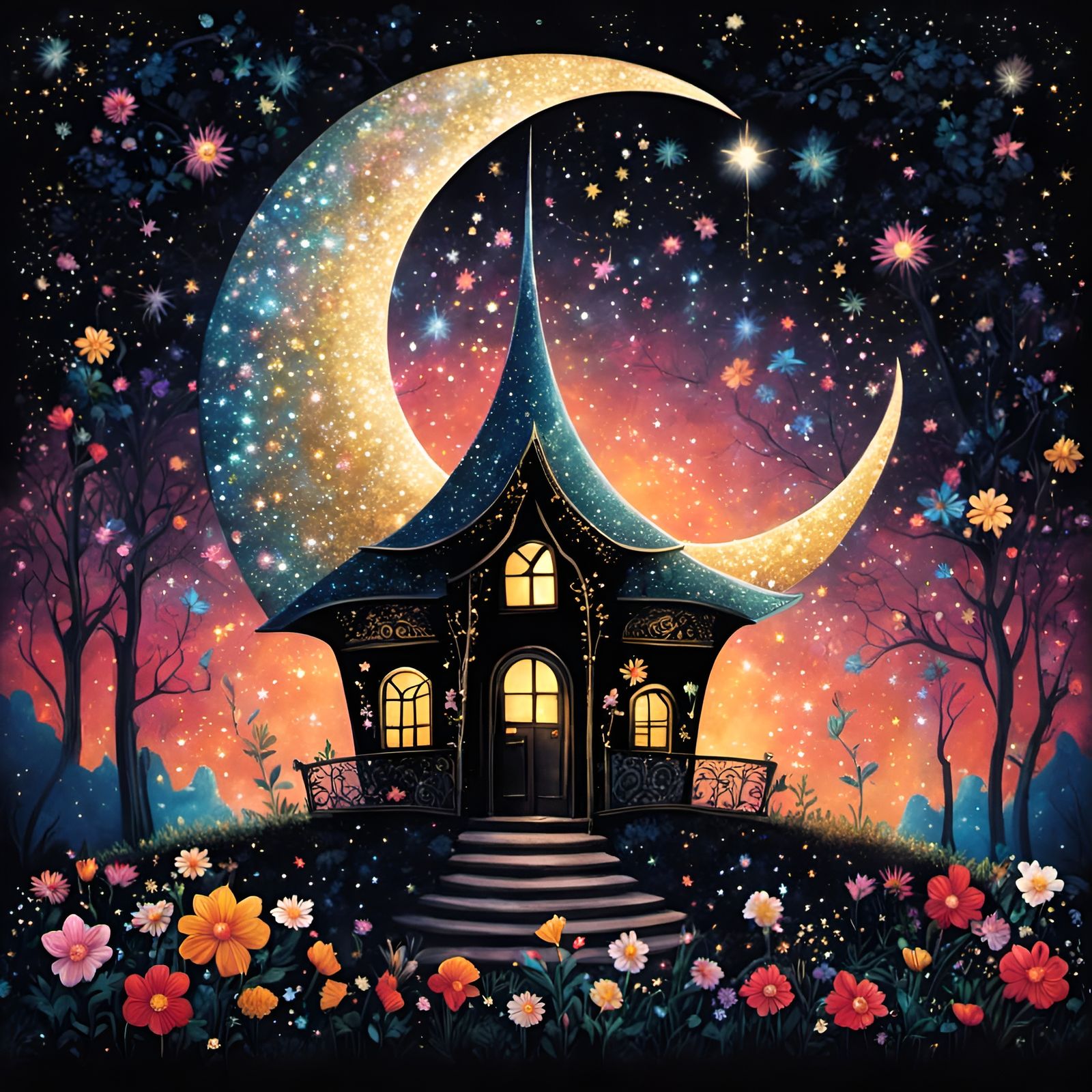 Silhouettes - Crescent Moon, Fantasy fairy house,