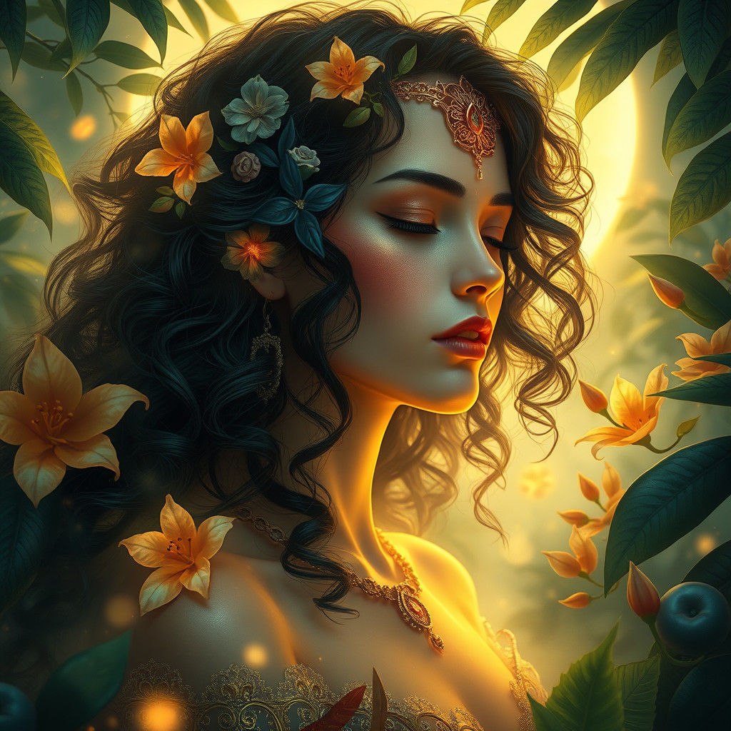 Dreamlike Woman in Tropical Paradise, Art Nouveau Style