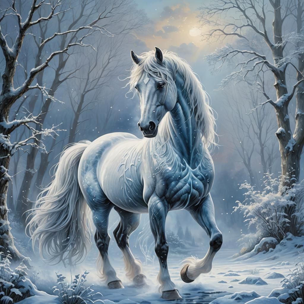 Icy Horse with Mystical Mane in Ethereal Fantasy Style