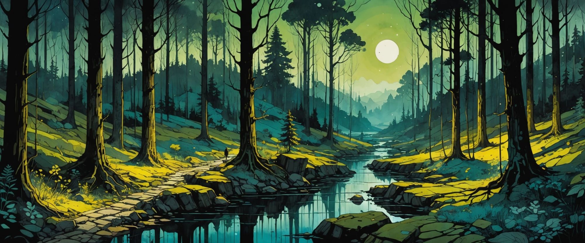 nightscape in a forest near a stream, flowers, intricate details, bright moody colors, highly water-diluted alcohol ink, black ink sketch el...