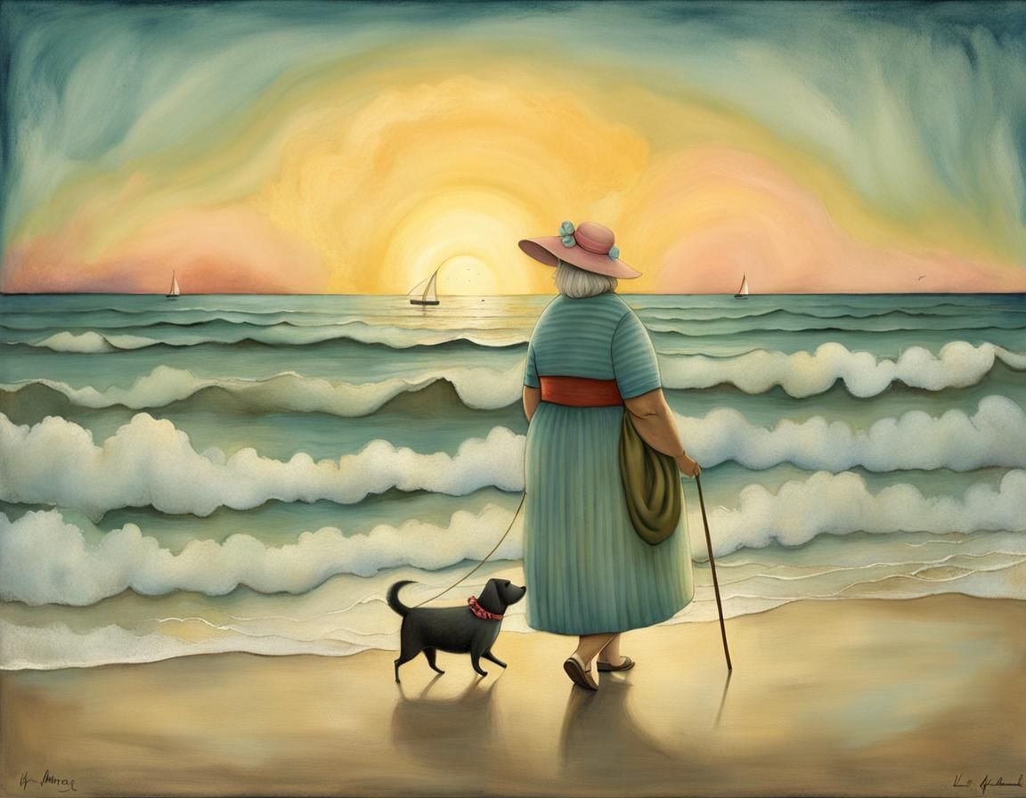 sunrise over the beach , fat elderly wom walking a dog , - AI Generated ...