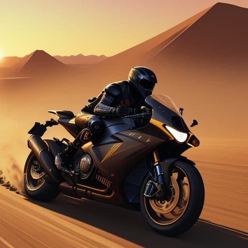 Cyberpunk Motorcycle Races Desert at Sunset