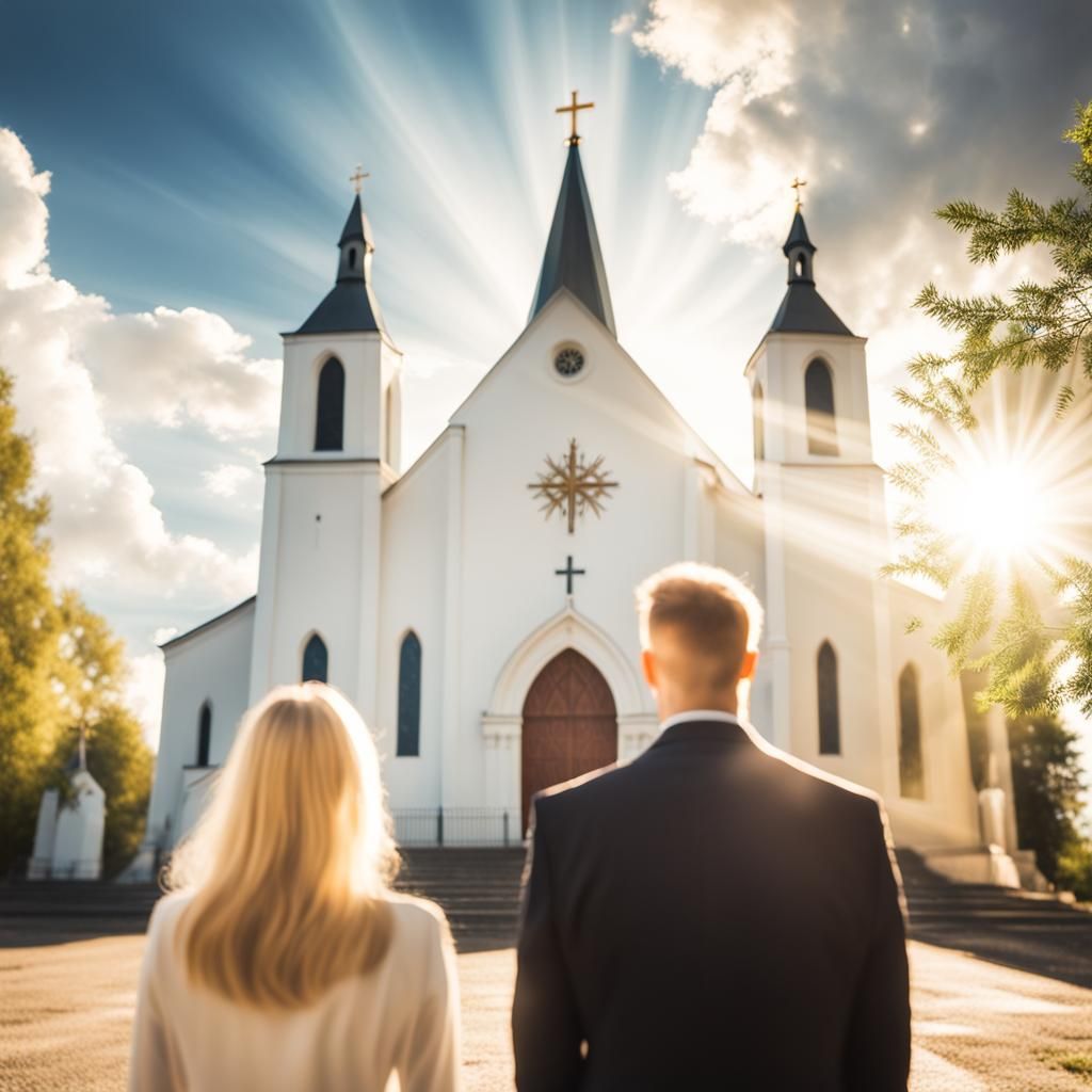 Divine Sunshine Beams on Couple Facing Church