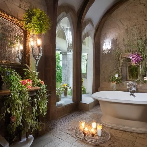 medieval castle bathroom lit only by candlelight with flower...