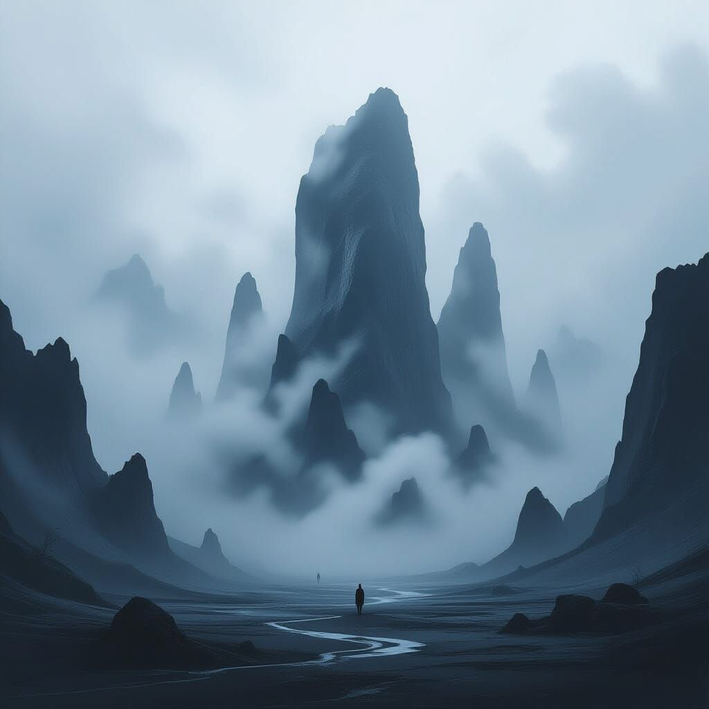 Surreal, towering rock formations emerge from a sea of thick, swirling fog in a desolate landscape. The fog itself seems to take on strange,...