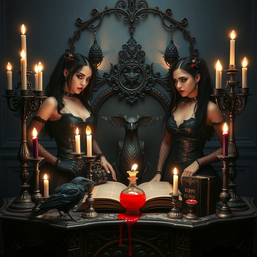 A group of mysterious, elegantly dressed gothic punk females, adorned in intricate, dark leather and fishnet attire, with pale complexions...