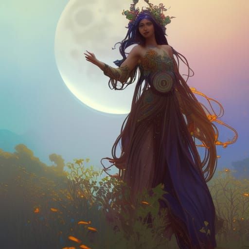 Druid reaching towards a big bright moon, stars, sapphires