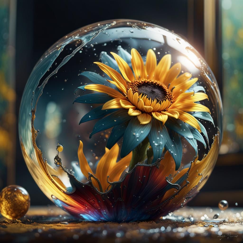(Sunflower in see through ball:1.6)  Hyperrealistic, splash art, concept art, mid shot, intricately detailed, ...  by @ChatBlanc