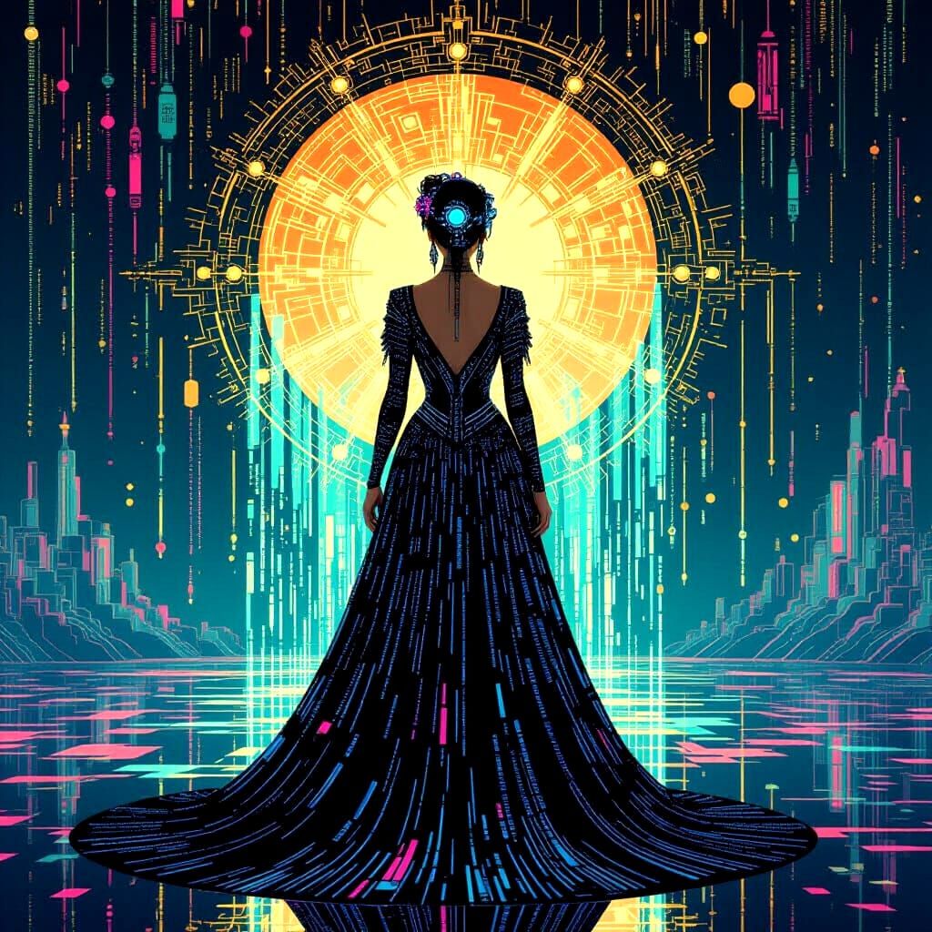 A digital oracle with a flowing gown of binary code stands before a shimmering portal, their eyes radiating an otherworldly glow. Facing the...