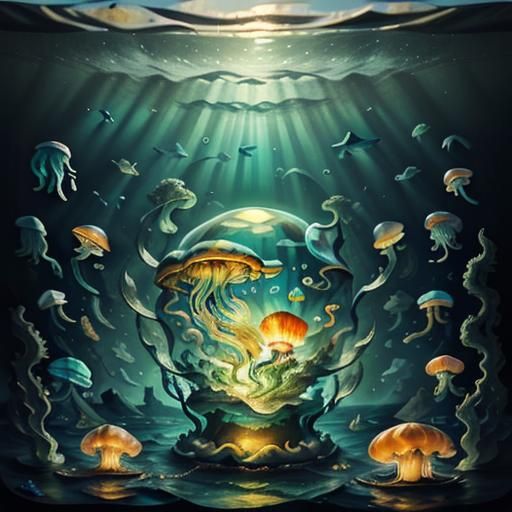 Underwater view of a huge fantastical glowing transparent glass <lora:Daughters of Chaos:1.0> 
 whale swimming in the ocean. Surrounded by g...