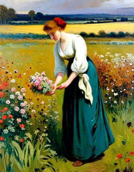 a woman, by Henry John Yeend King, Gathering flowers, Pastel...