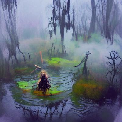Witch in a foggy swamp