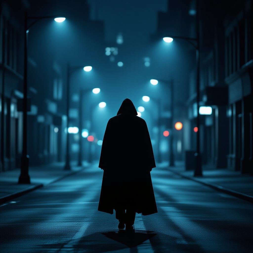 Solitary Man in Black Cloak on Dark City Street