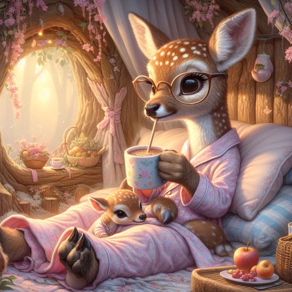 Cute Fallow Deer and fawn in cosy home drinking cocoa