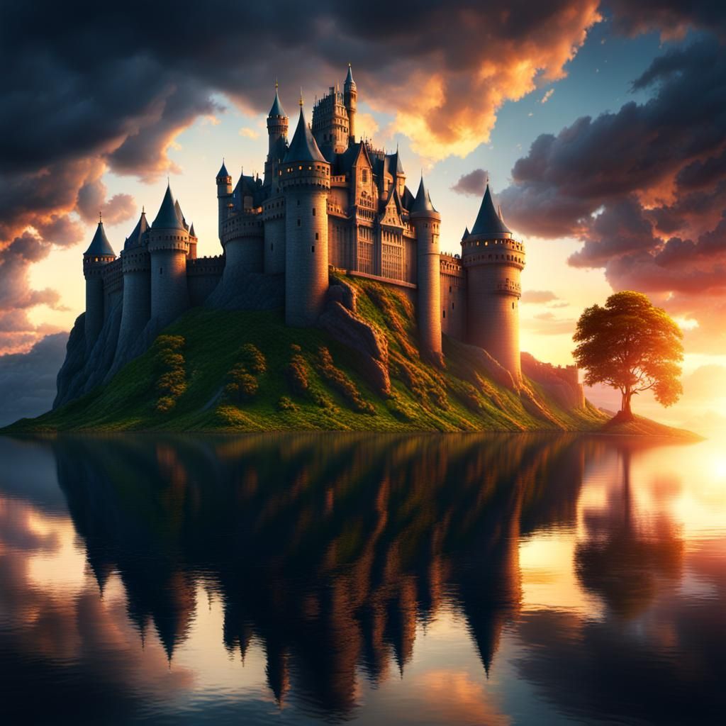 majestic giant regal castle on an island with a sunset behin...