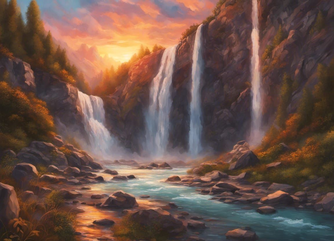 A magnificent waterfall in sunset, stream, mountain, landscape