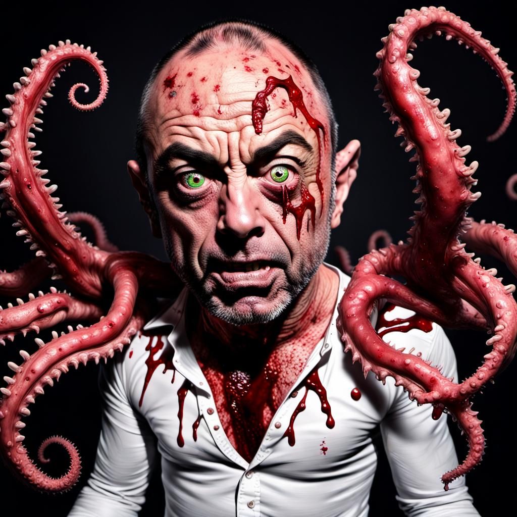 Joe rogan Multi eyeball mutant entity with tentacles , 
  bl...