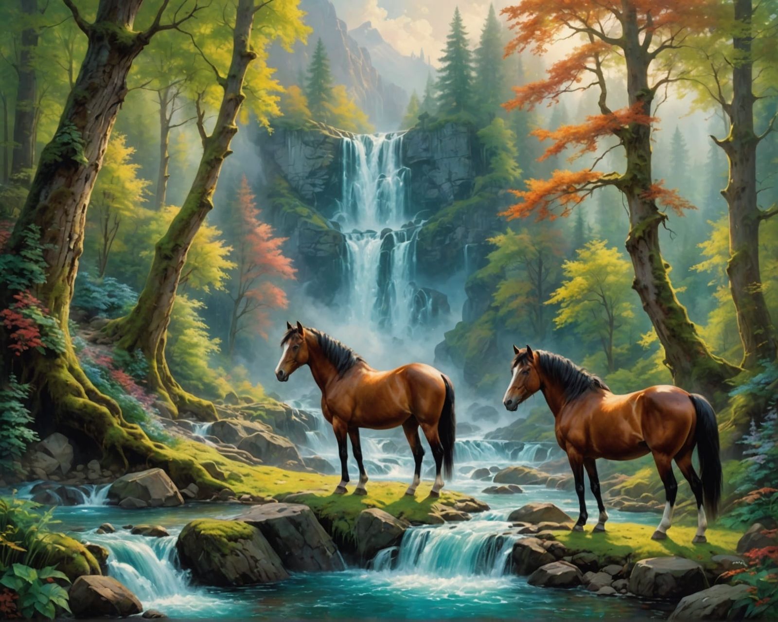 Magnificent horses in a mystical beautiful forest with water...