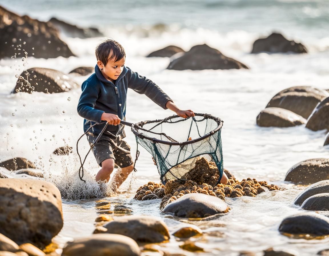 A small boy with a fishing net looking for crabs, in a small rock pool on  the beach, as waves crash over the rocks and splashing him, warm s - AI  Generated