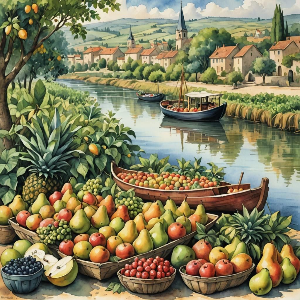 Fruit Parade.
Along the river in a French province, a large ...