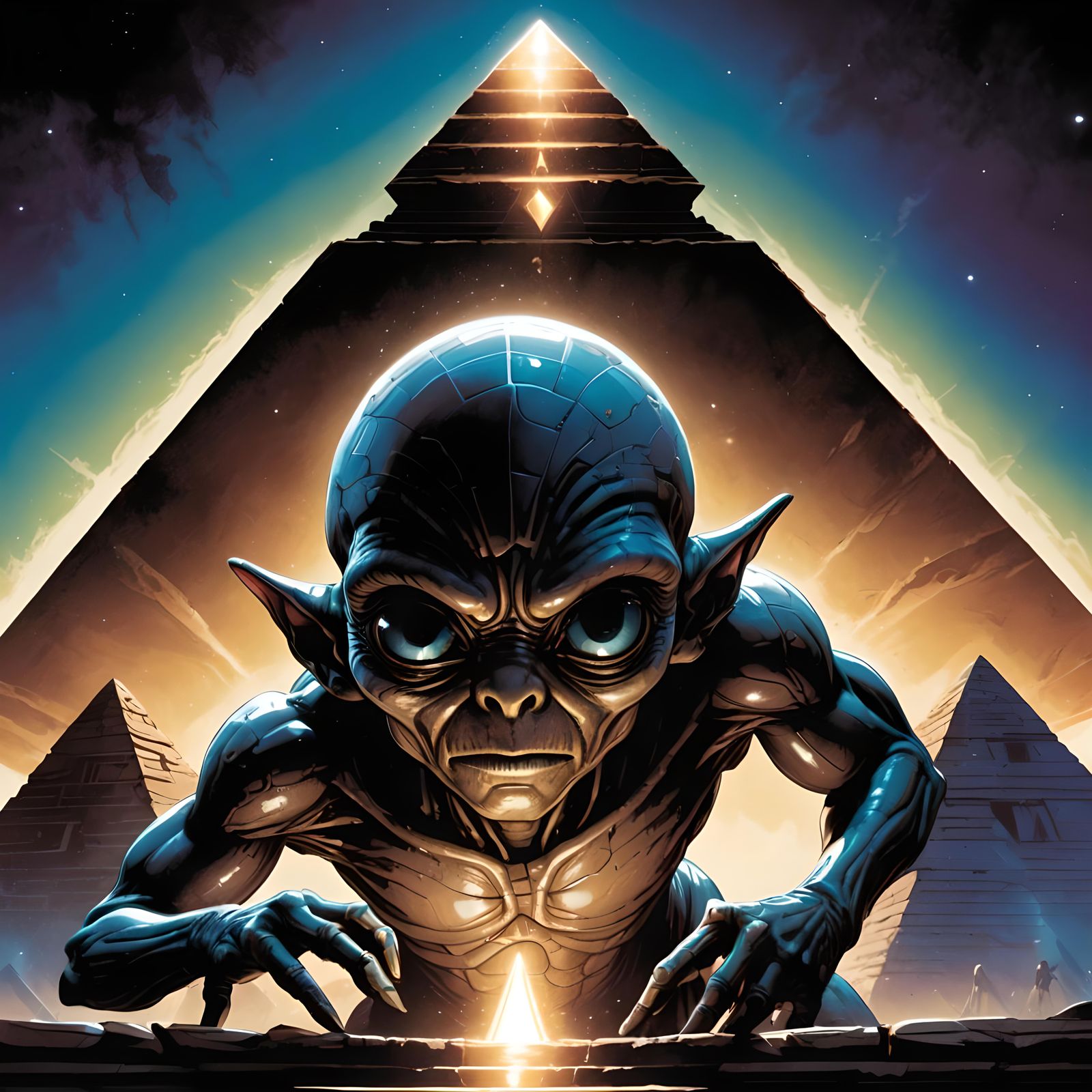 short E.T. alien with big black eyes and no ears building a pyramid