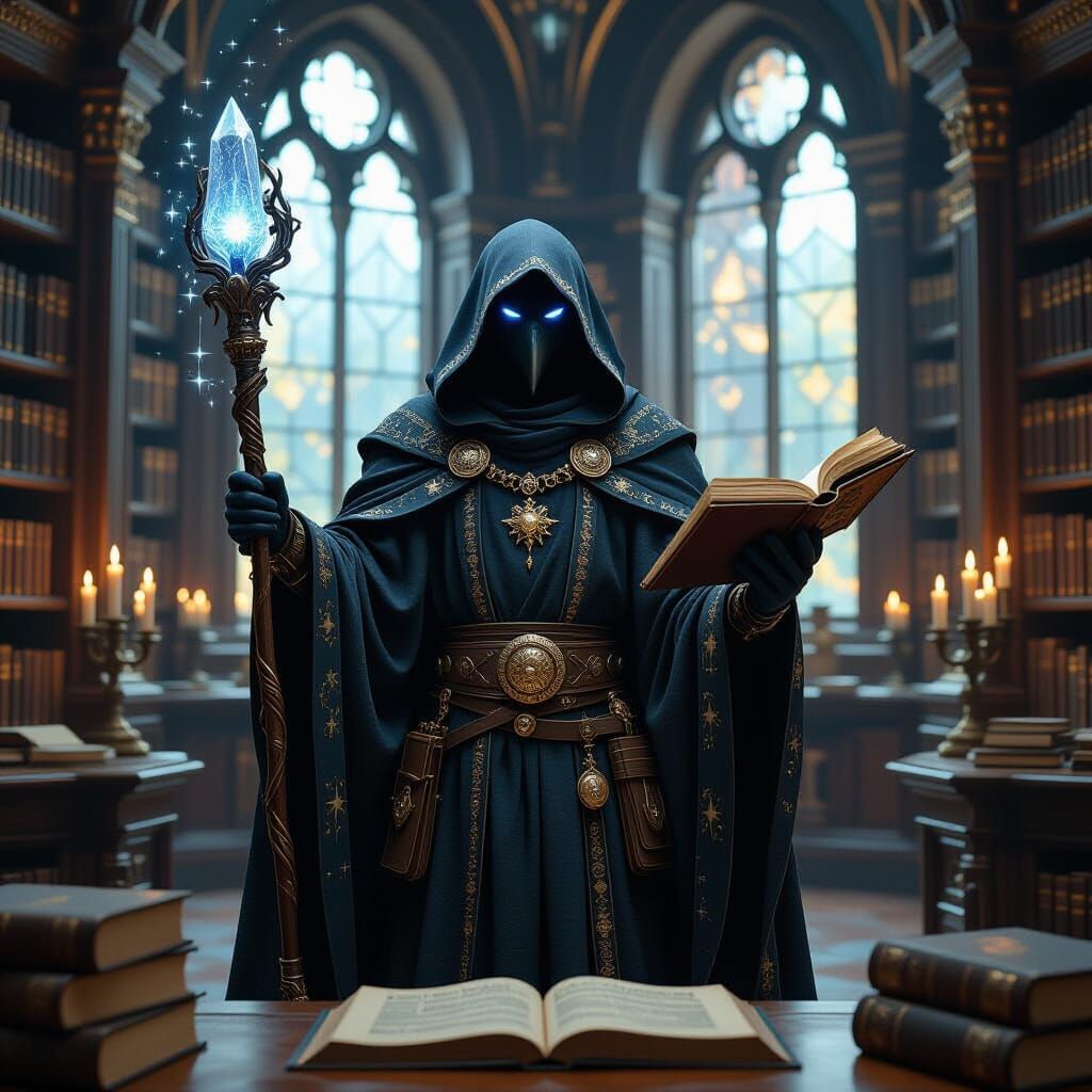 A wise anthropomorphic raven mage stands in a grand library filled with ancient tomes and glowing candles. He wears robes adorned with const...
