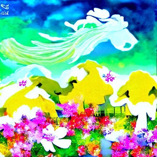 Dancing horses meadows flowery garden clouds beautiful snowf...