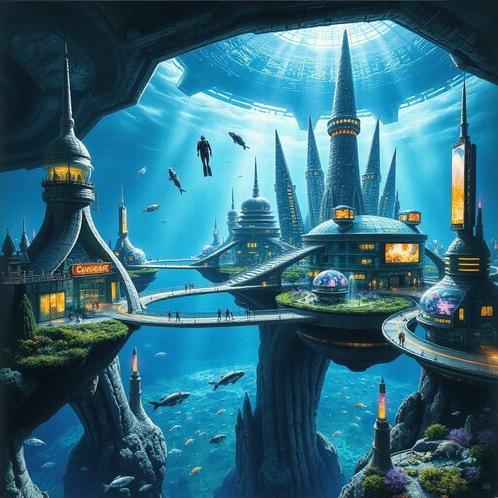 Visualize a sprawling underwater city rising from the ocean floor—a visionary metropolis built beneath ...  by @Kosh