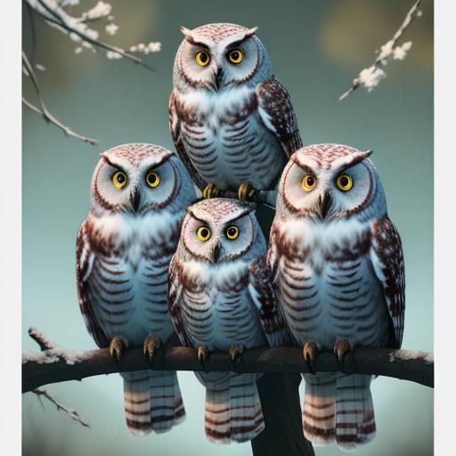 3 cute colorful fluffy owls sitting on a branch.
