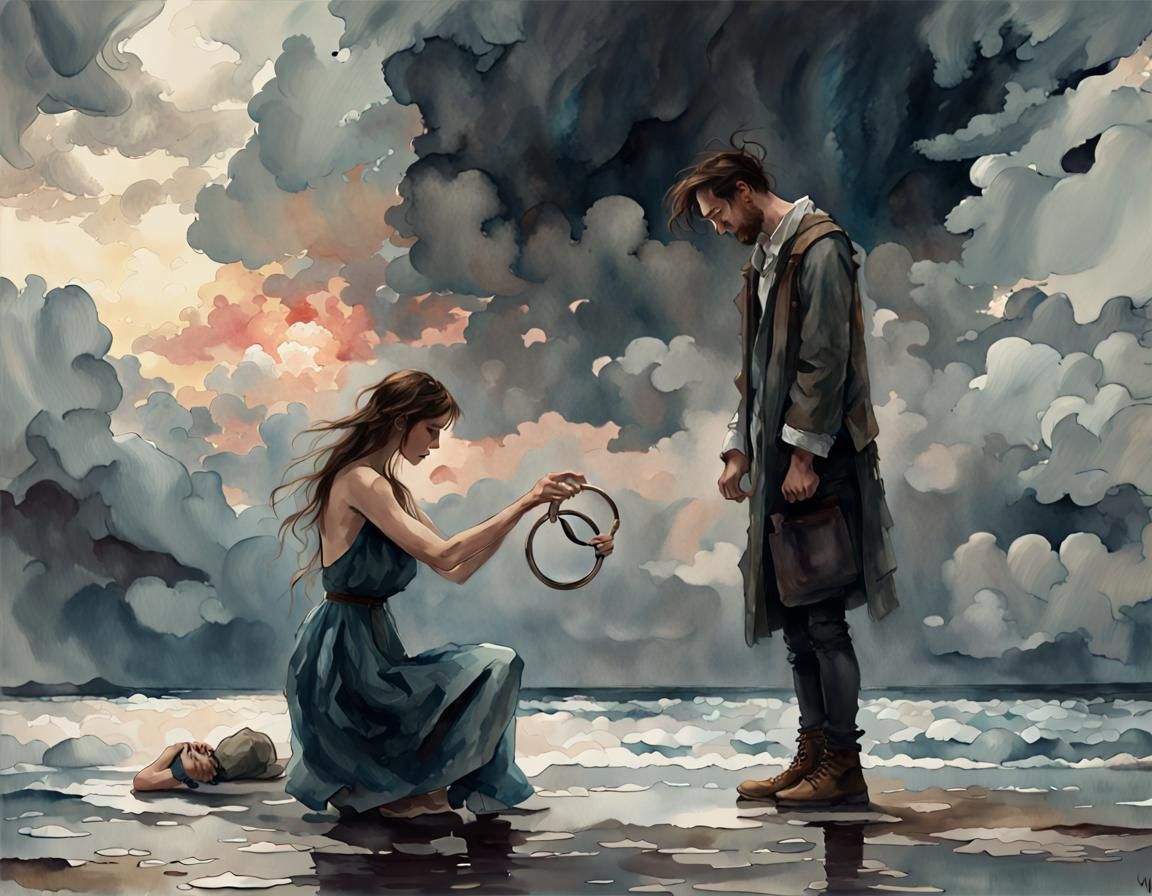 A Woman who has walked away from a man who is holding a ring...