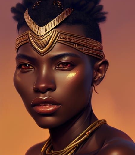 A Beautiful African Warrior Woman; head and shoulders portra...
