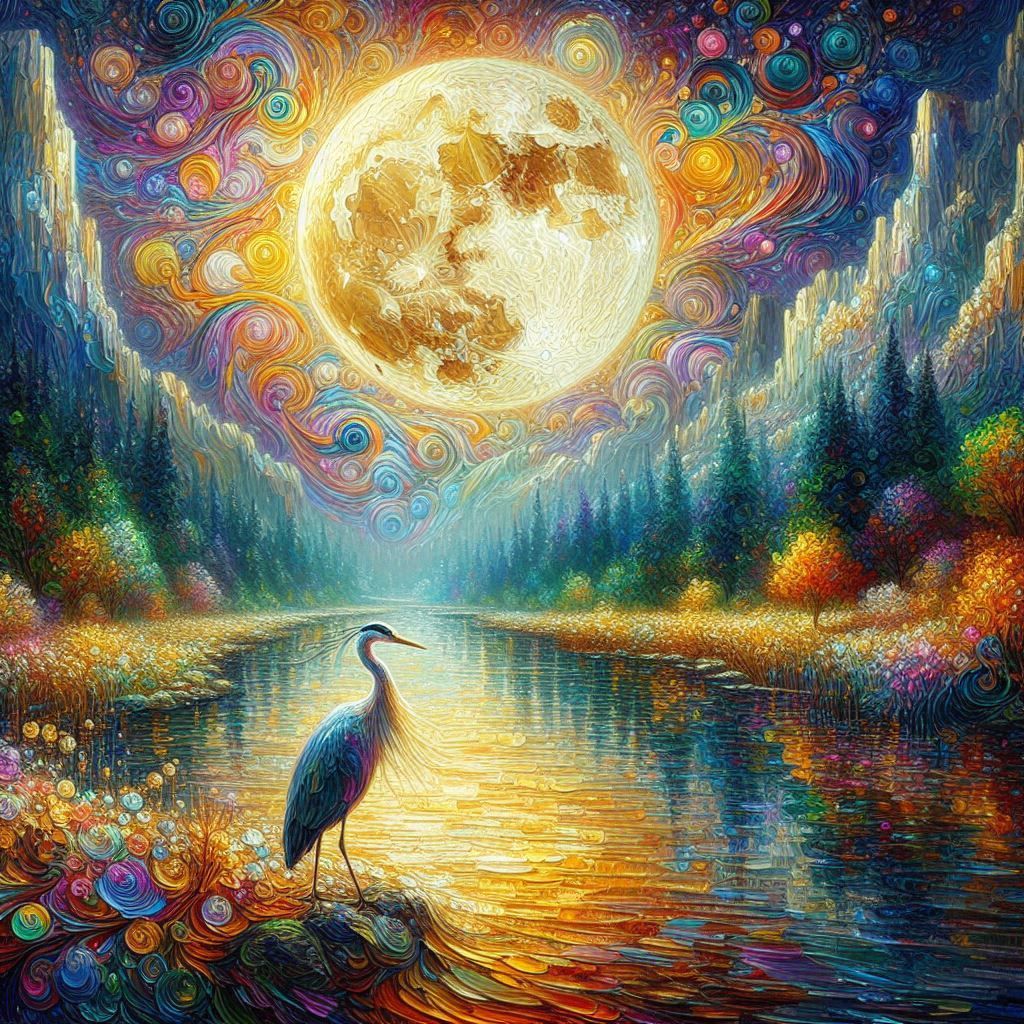 Heron under full moon