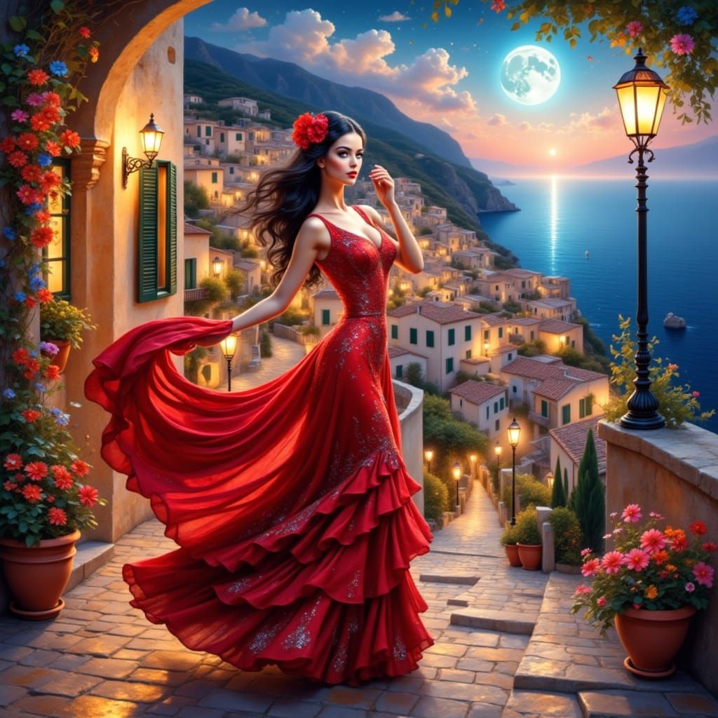 <lora:GLOW:1.0> a beautiful dark haired flamenco dancer posing in a mediterranean town, houses crawling up a hill, colourful with pots of fl...