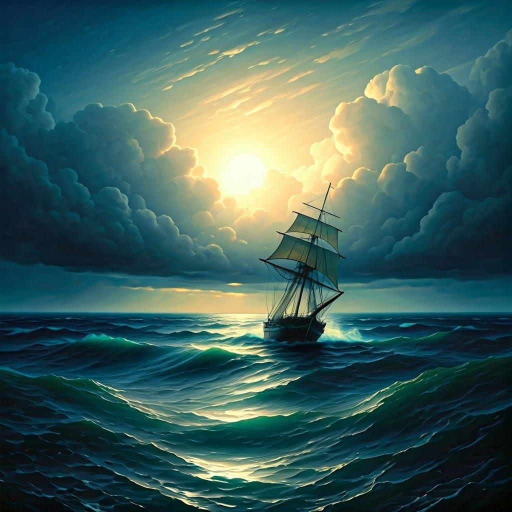 Stormy Night at Sea with Turbulent Waves