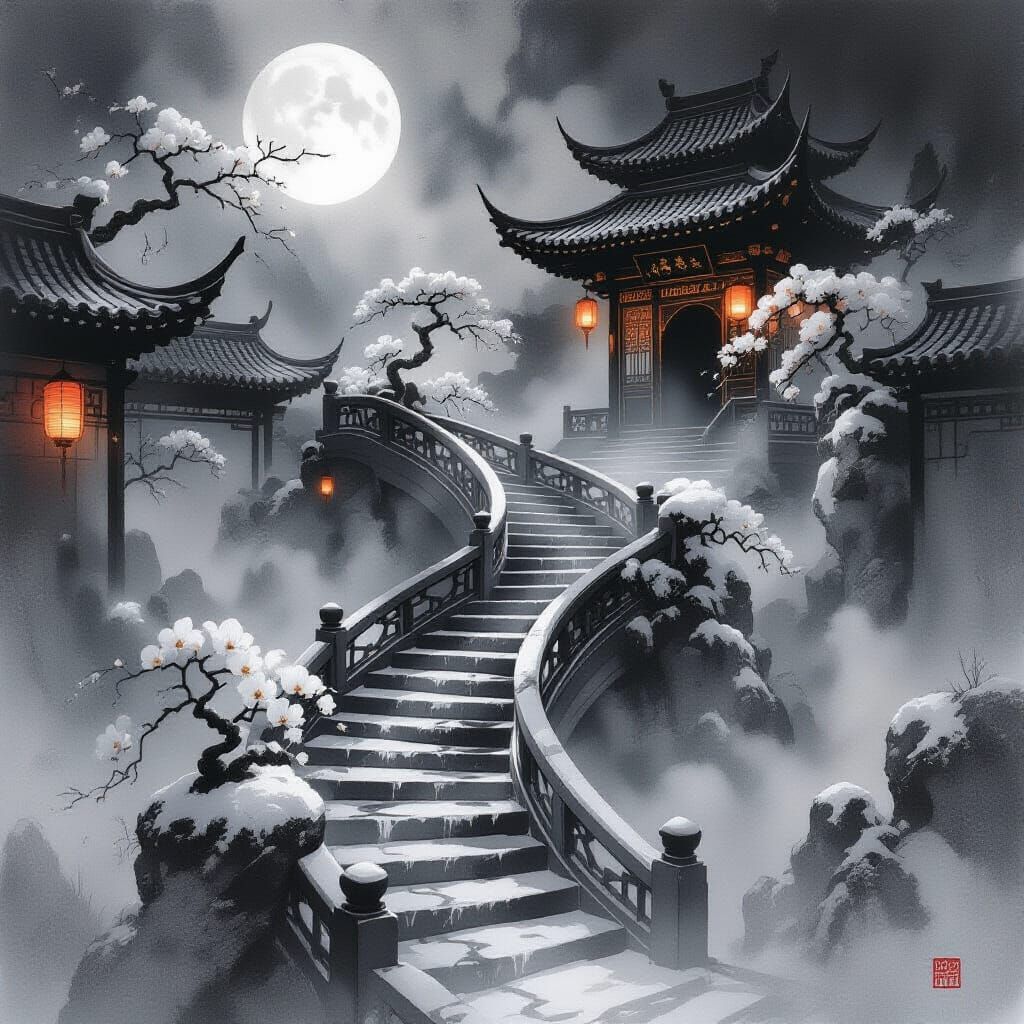 Ink Realms: Four Seasonal Portals in Monochrome" — A surreal staircase emerges from swirling mist into four distinct realms, each rendered i...